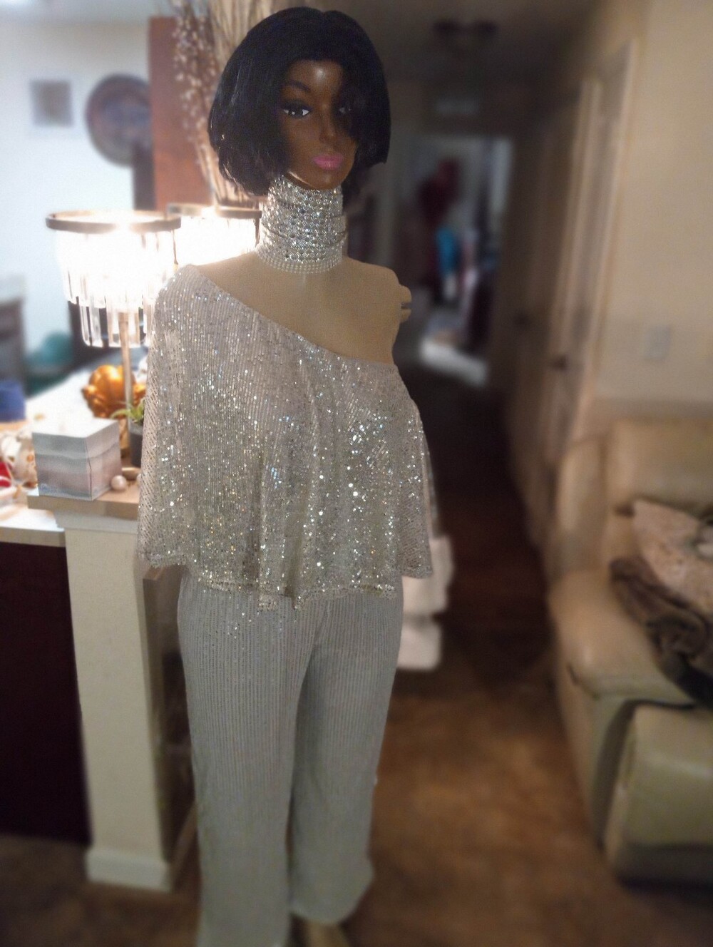 Sparkling Silver One-Shoulder Sequin Top with Matching Pants